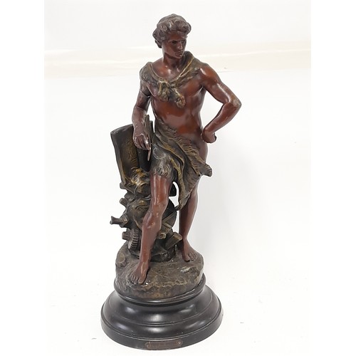 706 - Spelter, Henri Louis Levasseur, Genie Du Travail signed in cast with damage to arm, 49cm high