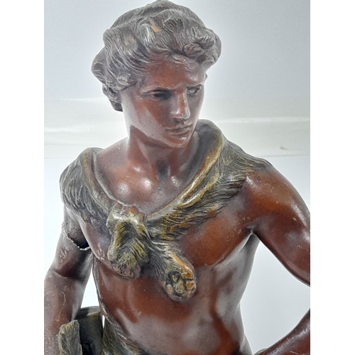 706 - Spelter, Henri Louis Levasseur, Genie Du Travail signed in cast with damage to arm, 49cm high