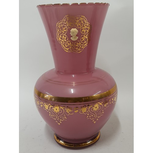 235 - Pink Opaline Vase with paper label, 25cm high