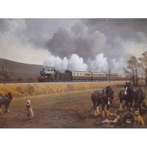 244 - Large Framed and Glazed Print of a Great Western Steam Train passing a group of Farm workers and the... 