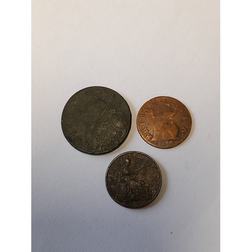 154 - 3 x Coins William 3rd Half Penny, Rubbed George3rd 1/2pence and George 4th Farthing