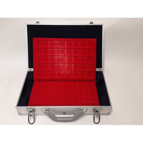 255 - Lockable metal Case containing 2 coin trays, 40cm x 24cm x 10cm