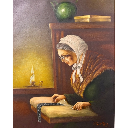 392 - Decorative Framed Continental  Oil On Canvas Painting Of A Lady Sewing, Signed Bottom Right. 63cm x ... 