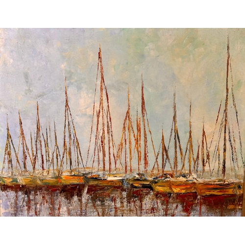 393 - Framed Continental Acrylic On Canvas Painting Of Sail Boats, Signed Bottom Right. 107cm x 87cm.