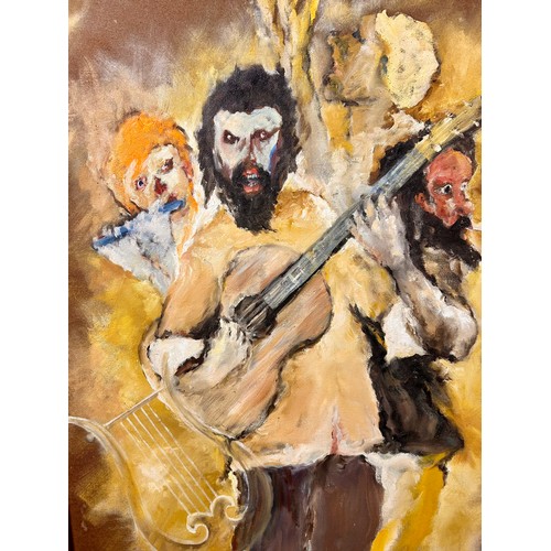 394 - Continental Framed Oil On Board Painting Of Animated Musicians, Signed Bottom Right. 73cm x 124cm.