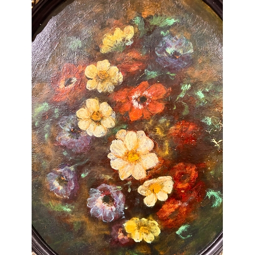 397 - Oval Framed Oil On Board Painting Of Still Life Flowers, Signed Bottom Left. 55cm x 58cm.