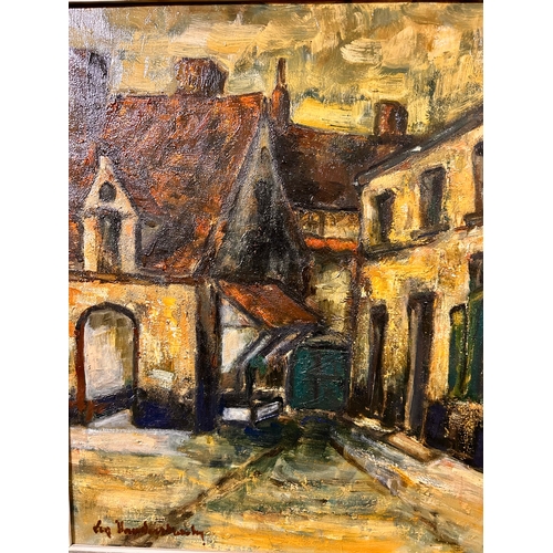 398 - Framed Oil On Canvas Painting Of A Side Street With Surrounding Buildings, Singed Bottom Right Lea V... 