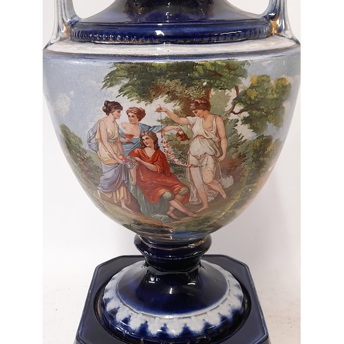 401 - Antique Large Porcelain Royal Vienna  Cobalt Blue Urn on Plinth  54cm high x 23cm wide