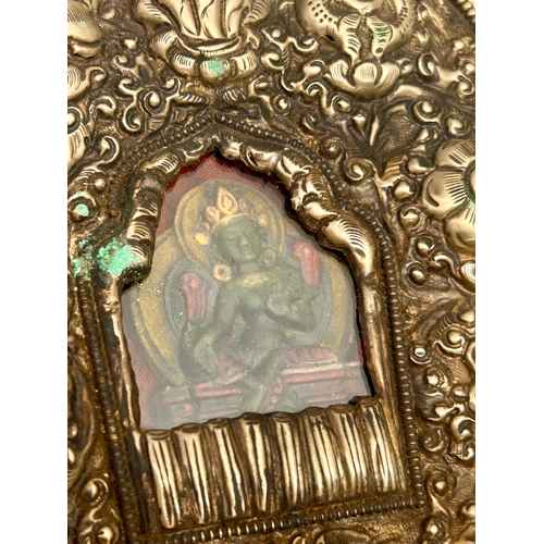 419 - Buddist Shrine Box Tibetan Silver Astamangala Tau Prayer Ritual Box In Carry Pouch. 22cm x 17cm x 8c... 