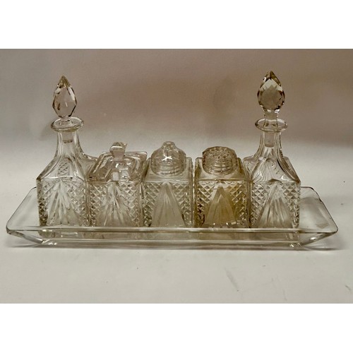 420 - Five Piece Clear Cut Glass Five Piece Condiment Sets 27cm x 11cm x 6cm.