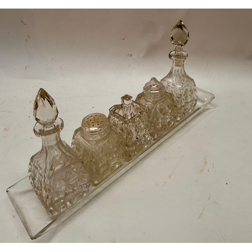 421 - Five Piece Clear Cut Glass Five Piece Condiment Sets 27cm x 11cm x 6cm.