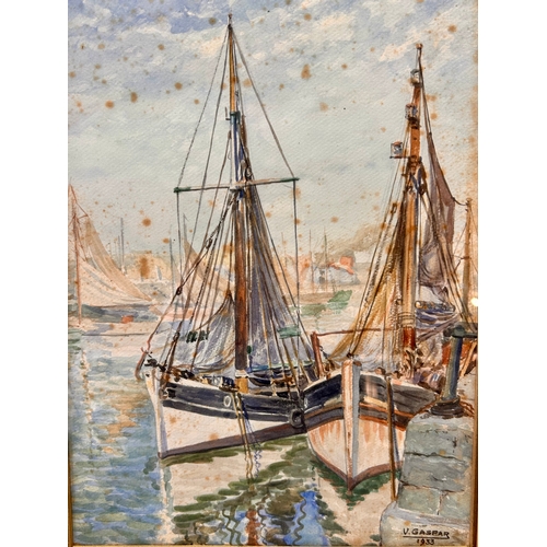 434 - Framed Water Colour Painting Of Docked Sail Boats, Singed Bottom Right V.Gaspar 1933. 54cm x 43cm.