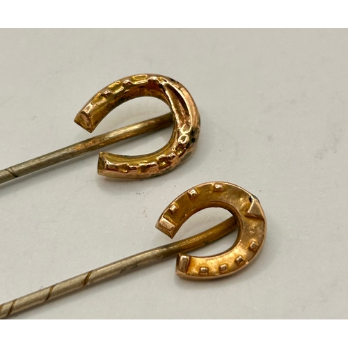 268 - Two 9Ct Gold Horse Shoe Finial Hat Pins . Largest 5.5cm x 1cm, 1.4Grams.  (2)