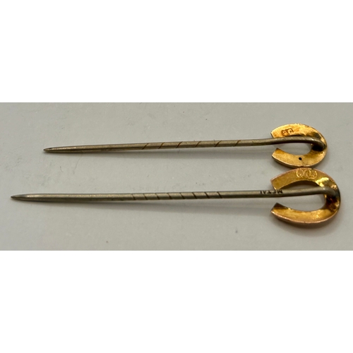 268 - Two 9Ct Gold Horse Shoe Finial Hat Pins . Largest 5.5cm x 1cm, 1.4Grams.  (2)