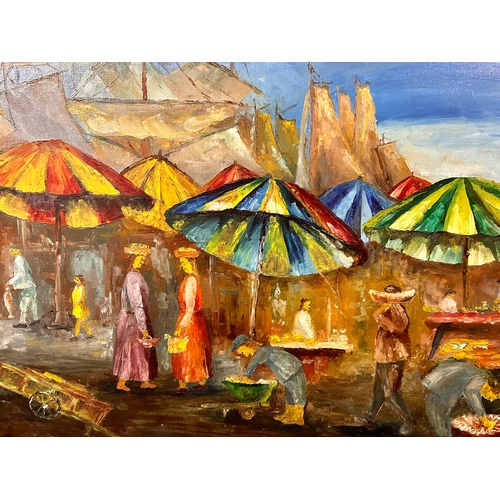 289 - Vintage Continental Acrylic On Canvas Painting Of A Market Scene, Signed Bottom Right. 100cm x 80cm.