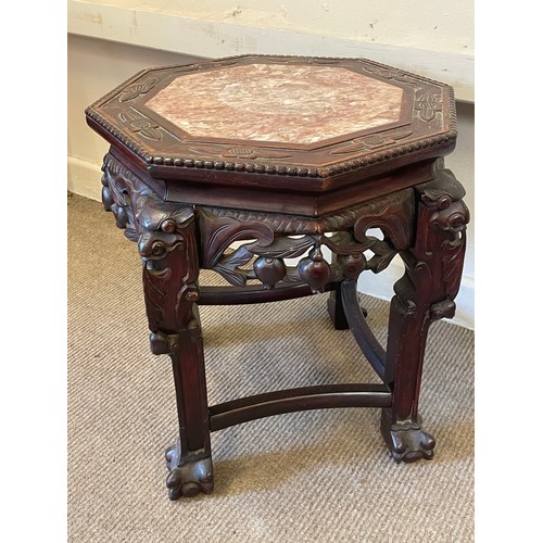 4 - Antique Chinese Carved Wood Hardstone Top Stand / Table. 51 x 50 x 47 cms