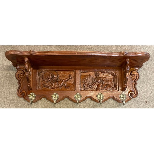 26 - Continental Carved Wood Coat Shelf. 85 x 20 x 30 cms