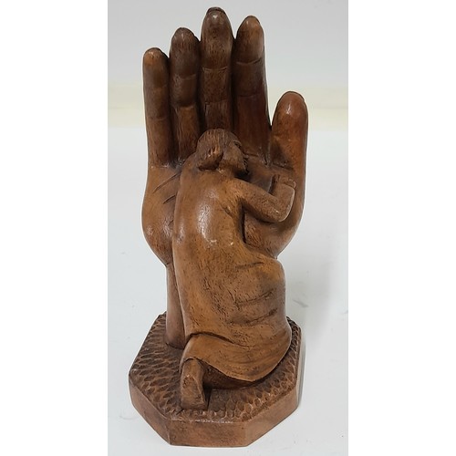 182 - Folk Art Wood Carved Figure of a Lady Sleeping into an open Hand, 22cm high x 10cm wide