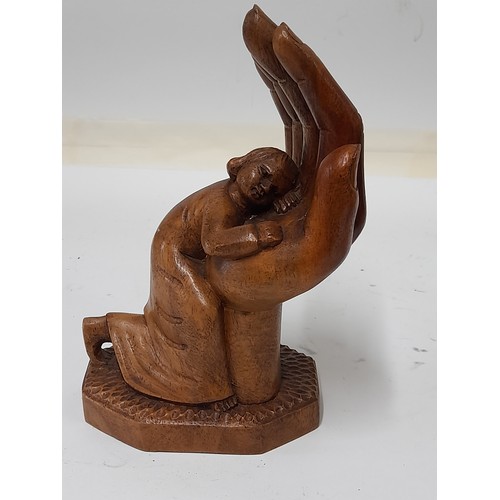 182 - Folk Art Wood Carved Figure of a Lady Sleeping into an open Hand, 22cm high x 10cm wide