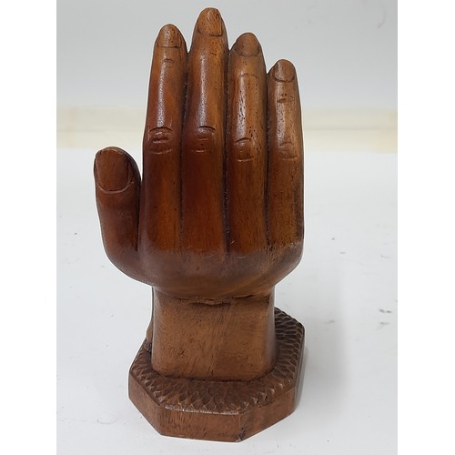 182 - Folk Art Wood Carved Figure of a Lady Sleeping into an open Hand, 22cm high x 10cm wide