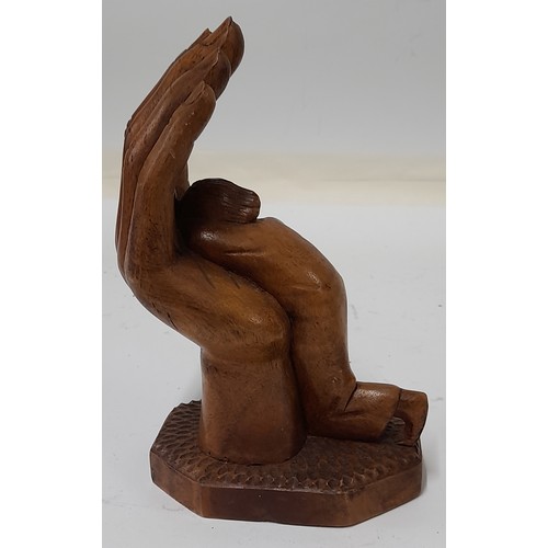 182 - Folk Art Wood Carved Figure of a Lady Sleeping into an open Hand, 22cm high x 10cm wide