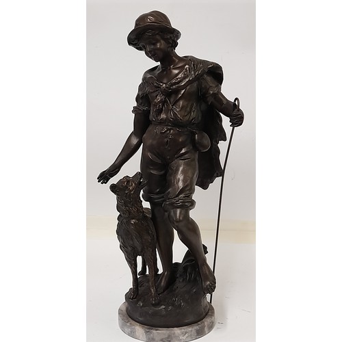 183 - Bronze Figure on Marble Plinth of a Shepherd with Dog with signature 'Moreau', Standing 46cm high