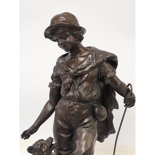 183 - Bronze Figure on Marble Plinth of a Shepherd with Dog with signature 'Moreau', Standing 46cm high