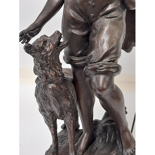 183 - Bronze Figure on Marble Plinth of a Shepherd with Dog with signature 'Moreau', Standing 46cm high