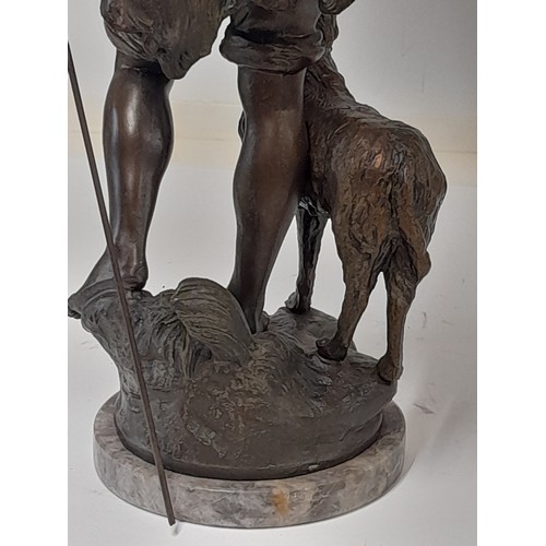 183 - Bronze Figure on Marble Plinth of a Shepherd with Dog with signature 'Moreau', Standing 46cm high