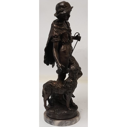 183 - Bronze Figure on Marble Plinth of a Shepherd with Dog with signature 'Moreau', Standing 46cm high