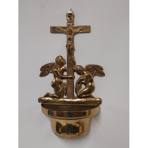186 - Brass Crucifixion and Angels Holy Water Font, 32cm x 16
