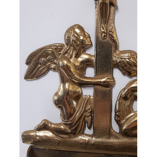 186 - Brass Crucifixion and Angels Holy Water Font, 32cm x 16