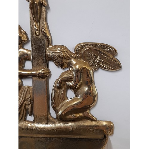 186 - Brass Crucifixion and Angels Holy Water Font, 32cm x 16