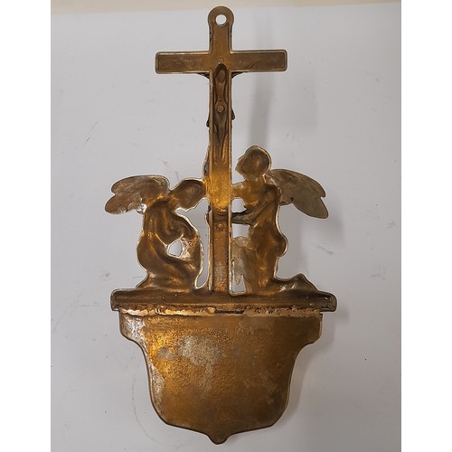 186 - Brass Crucifixion and Angels Holy Water Font, 32cm x 16