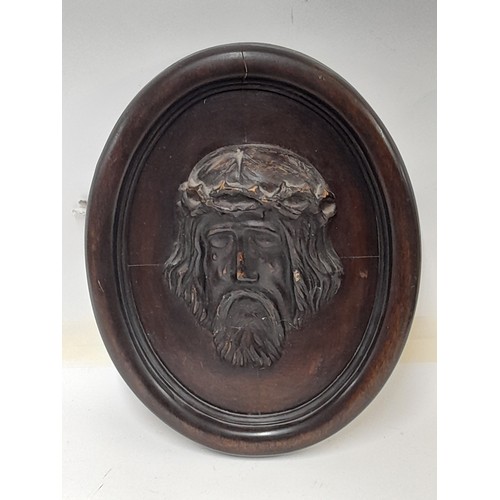 187 - Wood Carved Plaque of Christ, 38cm x 31cm