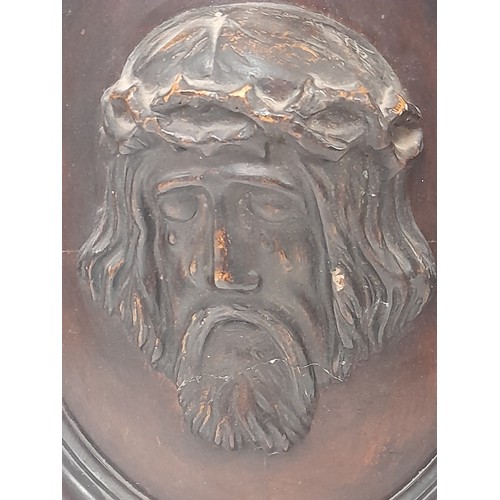 187 - Wood Carved Plaque of Christ, 38cm x 31cm