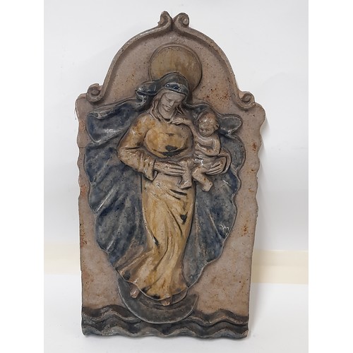 188 - Terracotta Plaque with Glazed Depiction of the Madonna and Child, 40cm x 22cm