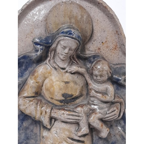 188 - Terracotta Plaque with Glazed Depiction of the Madonna and Child, 40cm x 22cm