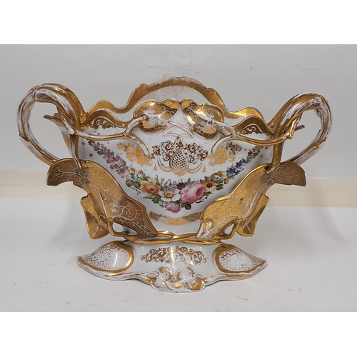 191 - Large Continental Ceramic Planter/ Table Centre with hand painted flower and Gilt Decoration, 39cm w... 