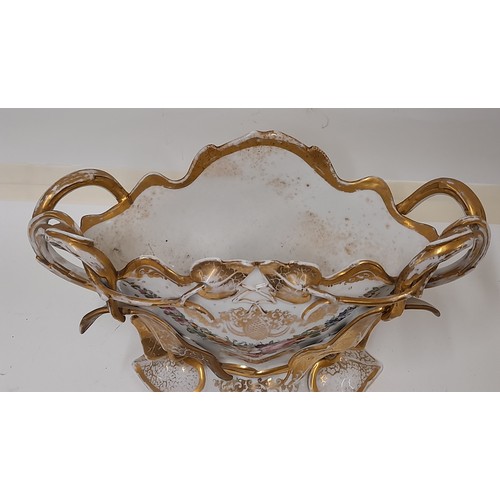 191 - Large Continental Ceramic Planter/ Table Centre with hand painted flower and Gilt Decoration, 39cm w... 
