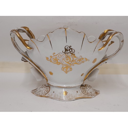 191 - Large Continental Ceramic Planter/ Table Centre with hand painted flower and Gilt Decoration, 39cm w... 