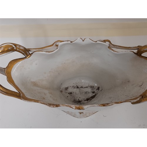 191 - Large Continental Ceramic Planter/ Table Centre with hand painted flower and Gilt Decoration, 39cm w... 