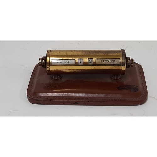 190 - Brass Desk Top Calendar on Leather Plinth 11.5cm long