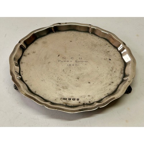 210 - Three Footed Silver Hallmarked Tray, Engraved N.C.H Puppy Show 1937. 15cm x 1.5cm, 142.9Grams.
