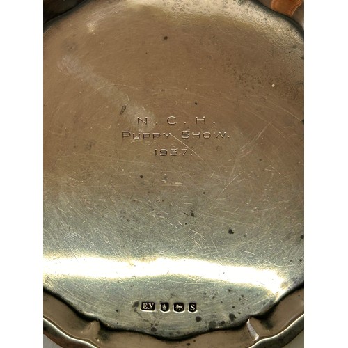 210 - Three Footed Silver Hallmarked Tray, Engraved N.C.H Puppy Show 1937. 15cm x 1.5cm, 142.9Grams.