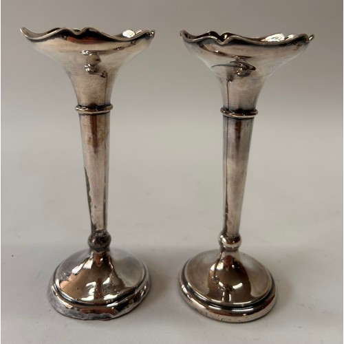 217 - Pair Of Weighted Bottom Silver Hallmarked Flower Bud Vases. 14cm x 4.5cm, Total 136.0Grams.  (2)