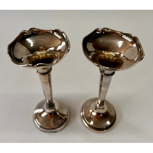 217 - Pair Of Weighted Bottom Silver Hallmarked Flower Bud Vases. 14cm x 4.5cm, Total 136.0Grams.  (2)