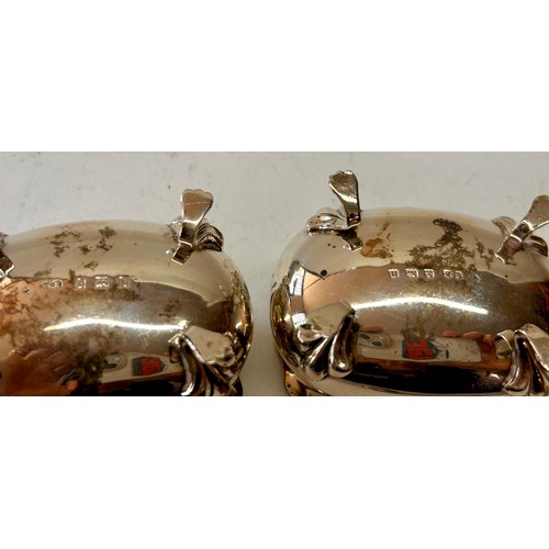 220 - Pair Of Four Footed Silver Hallmarked Blue Glass Salt Cellars To Include Two Silver Hallmarked Spoon... 