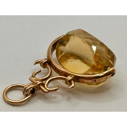 93 - 9Ct Gold Hallmarked Citrine Spinner Fob Pendant. 6cm x 3cm, 6.27Grams.
