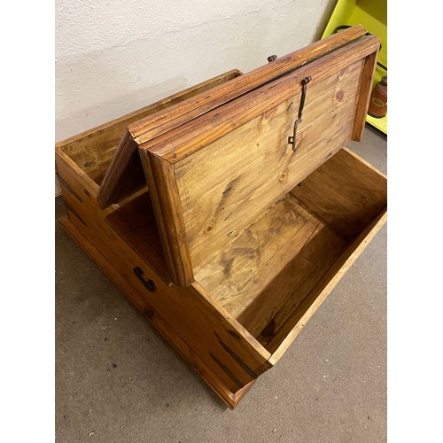 3 - Pine Trunk Dual Compartments With lift Up Drawers. 92 x 93 x 46